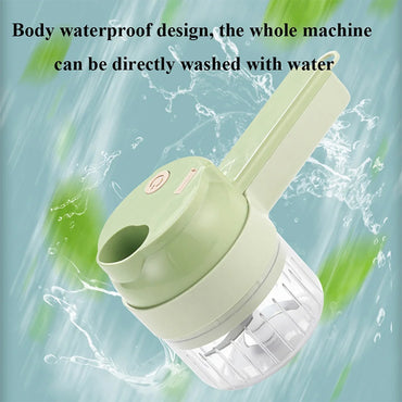 4-in-1 electric vegetable cutter set, multifunctional kitchen tool for chopping, garlic mashing, and slicing.