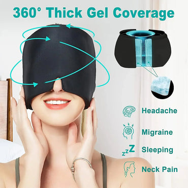 Migraine Relief Ice Hat with dual cold and hot therapy, ergonomic design for comfort, and reusable gel packs for quick pain relief and stress reduction