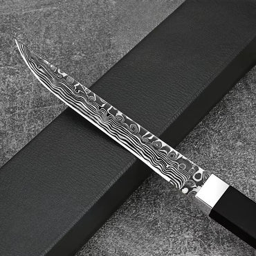 Portable Damascus Pattern Fruit Knife with a sharp high-hardness blade and ergonomic handle, featuring an elegant Damascus-inspired design for precise fruit peeling and slicing, ideal for home and on-the-go use.