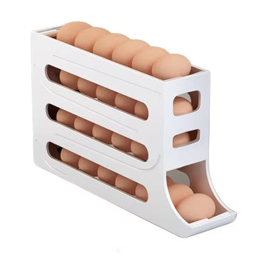 4-tier rolling egg storage box, automatic egg holder dispenser for refrigerator, ideal kitchen organizer.