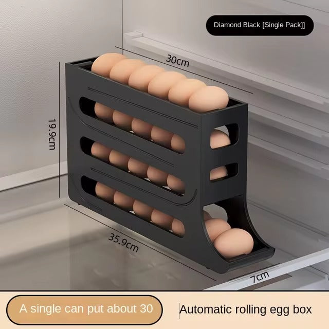 4-tier rolling egg storage box, automatic egg holder dispenser for refrigerator, ideal kitchen organizer.