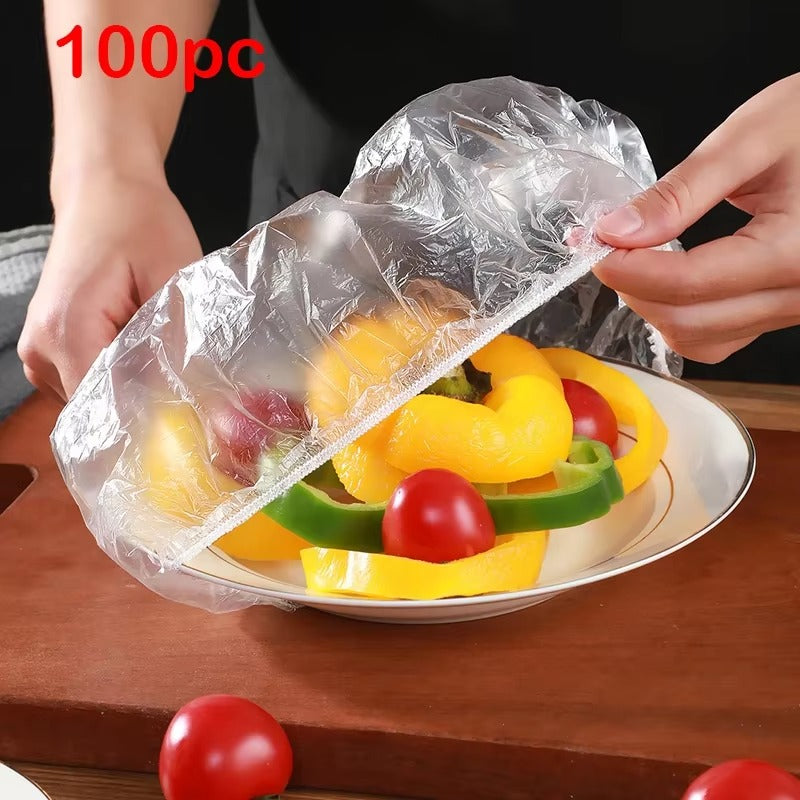 100pcs disposable food container covers, elastic plastic wrap lids for fruit bowls and food storage