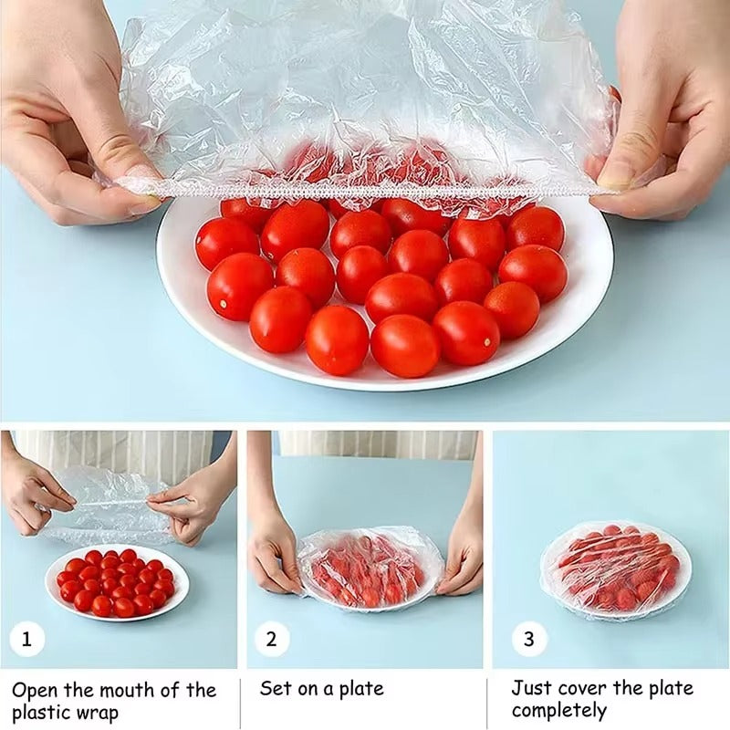 100pcs disposable food container covers, elastic plastic wrap lids for fruit bowls and food storage