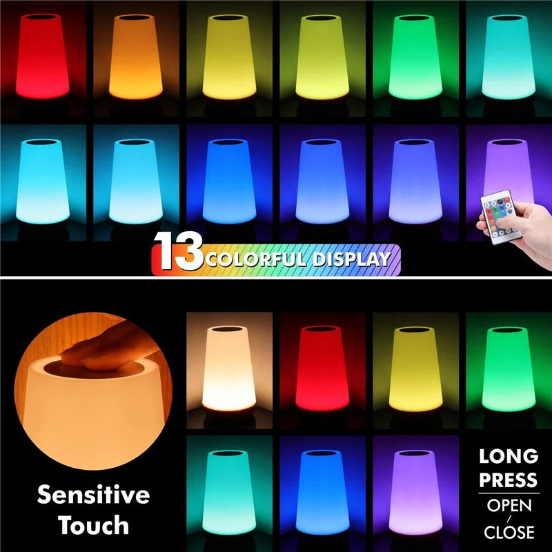 RGB Color Changing Night Lamp: A portable, touch-sensitive lamp with 13 color options, dimmable brightness, and USB rechargeability, perfect for setting the mood in any room.