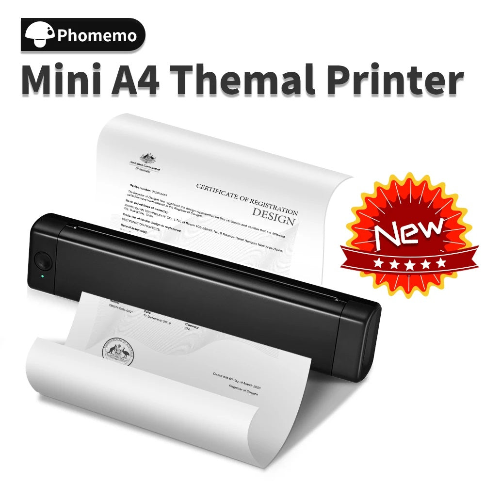 Compact Phomemo M08F A4 portable thermal printer with wireless Bluetooth connectivity, A4 thermal paper compatibility, and a lightweight design for on-the-go, ink-free printing