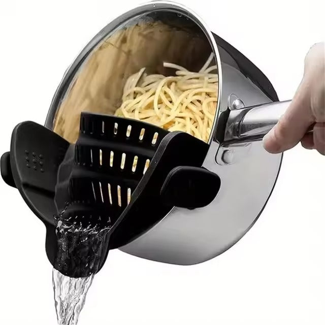 Adjustable clip-on pot strainer, versatile kitchen strainer for pots, pans, and bowls