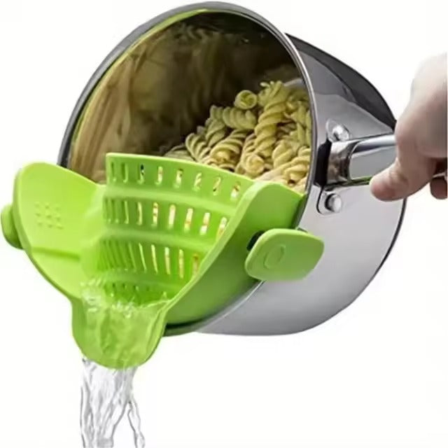 Adjustable clip-on pot strainer, versatile kitchen strainer for pots, pans, and bowls