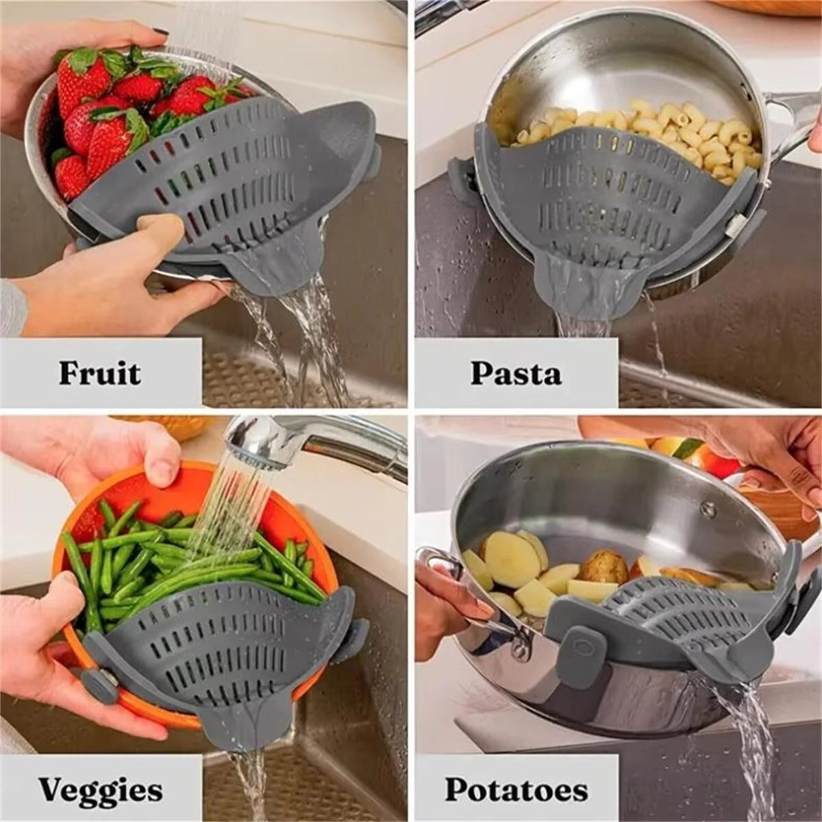 Adjustable clip-on pot strainer, versatile kitchen strainer for pots, pans, and bowls