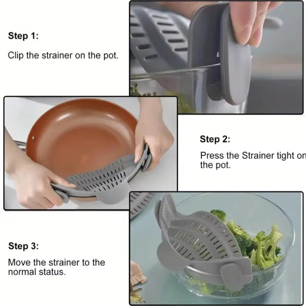 Adjustable clip-on pot strainer, versatile kitchen strainer for pots, pans, and bowls