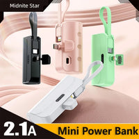 2-in-1 mini power bank with built-in cable, 5000mAh portable charger for easy plug-and-play power.