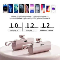 2-in-1 mini power bank with built-in cable, 5000mAh portable charger for easy plug-and-play power.