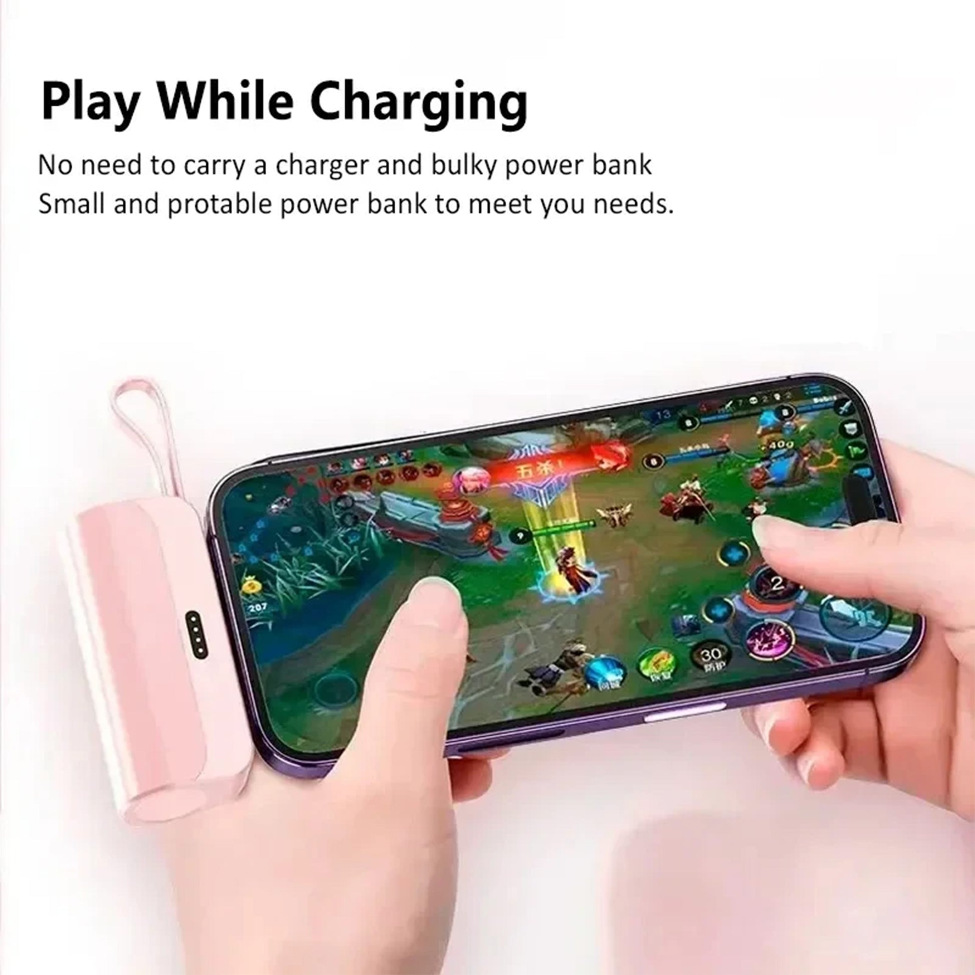 2-in-1 mini power bank with built-in cable, 5000mAh portable charger for easy plug-and-play power.