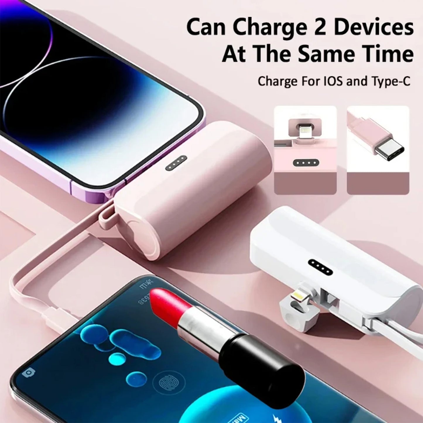 2-in-1 mini power bank with built-in cable, 5000mAh portable charger for easy plug-and-play power.