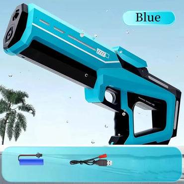 High-power electric water guns for adults and kids; automatic refill feature with powerful, long-range spray for exciting summer water battles, perfect for beach outings, pool parties, and backyard fun.