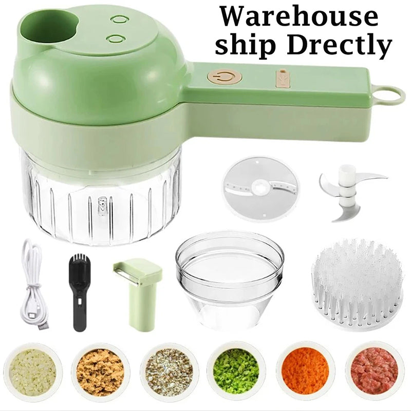 4-in-1 electric vegetable cutter set, multifunctional kitchen tool for chopping, garlic mashing, and slicing.