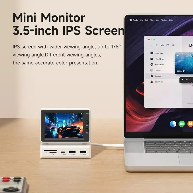 Hagibis 3.5-inch IPS mini screen display with real-time system monitoring, USB-C hub compatibility, compact design for CPU, RAM, and HDD tracking.