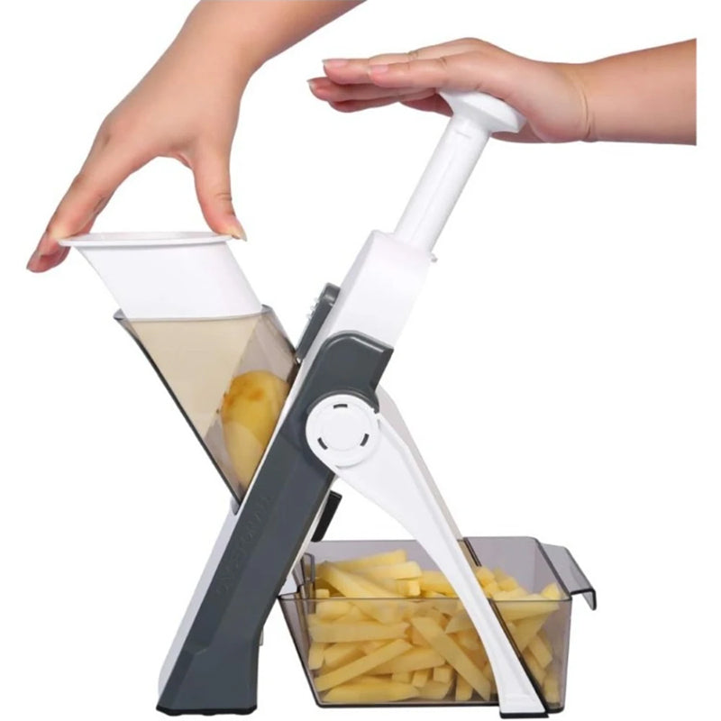 5-in-1 adjustable vegetable chopper, versatile food cutter for potatoes, julienne strips, and dicing.