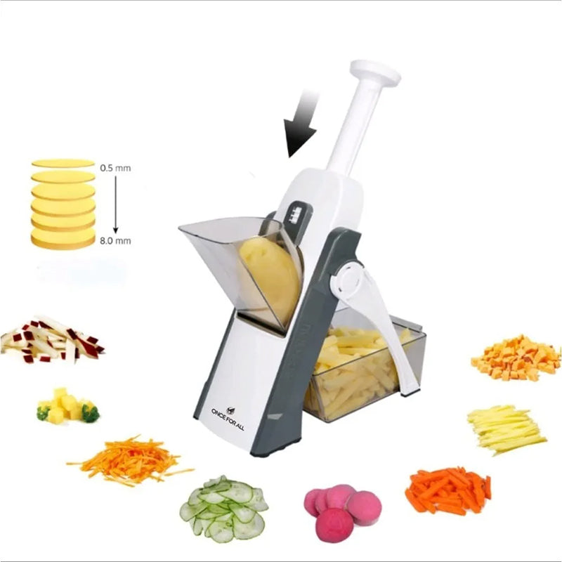 5-in-1 adjustable vegetable chopper, versatile food cutter for potatoes, julienne strips, and dicing.