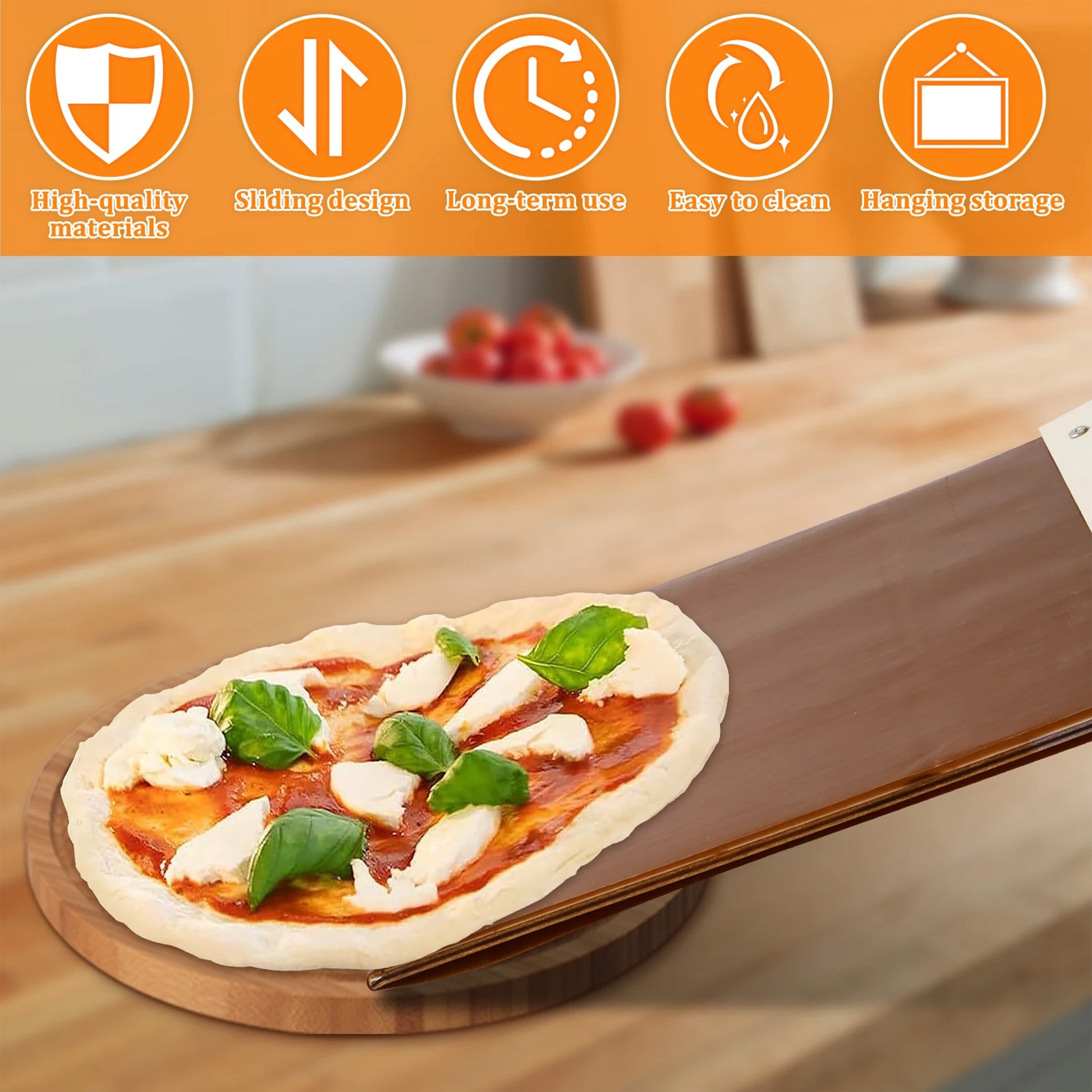 Non-stick pizza peel with a detachable wood handle, providing a smooth surface for easy pizza handling and cleaning, ideal for home or commercial use