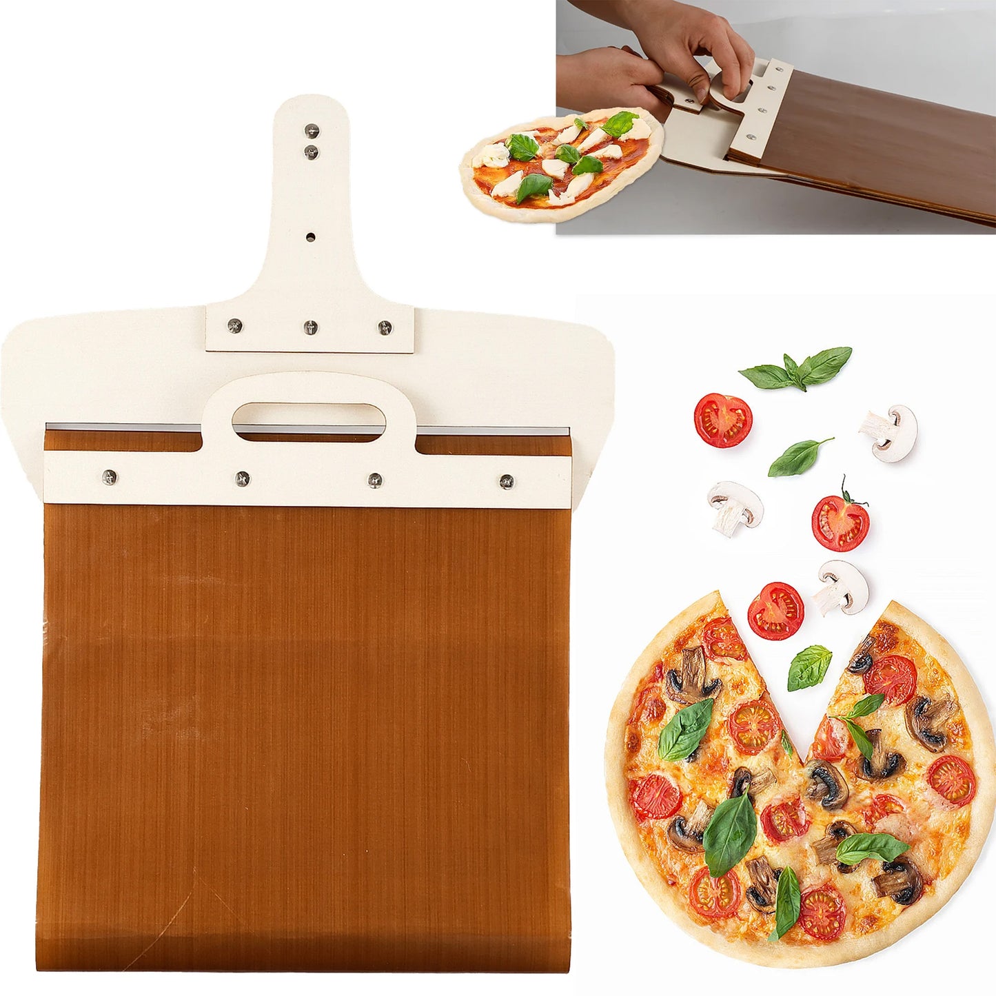 Non-stick pizza peel with a detachable wood handle, providing a smooth surface for easy pizza handling and cleaning, ideal for home or commercial use