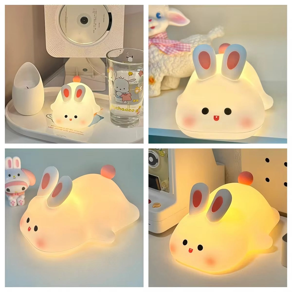 Cute rabbit-shaped silicone night light, soft and touch-sensitive lamp for a cozy bedroom ambiance.