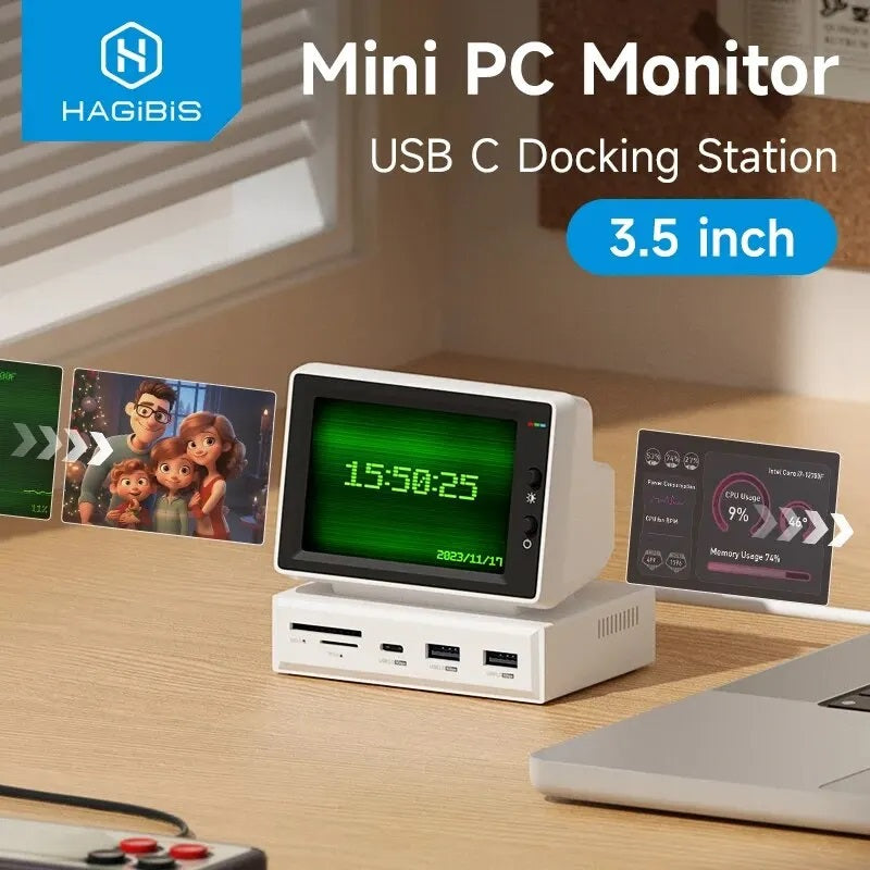 Hagibis 3.5-inch IPS mini screen display with real-time system monitoring, USB-C hub compatibility, compact design for CPU, RAM, and HDD tracking.