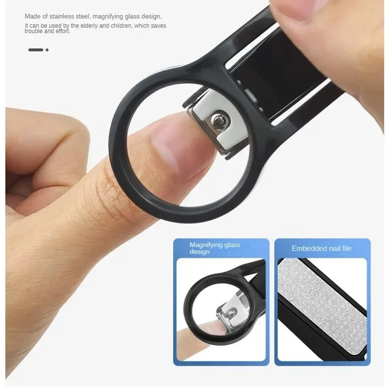 Ergonomic nail clipper with magnifying glass, senior-friendly tool for precise nail trimming and enhanced visibility