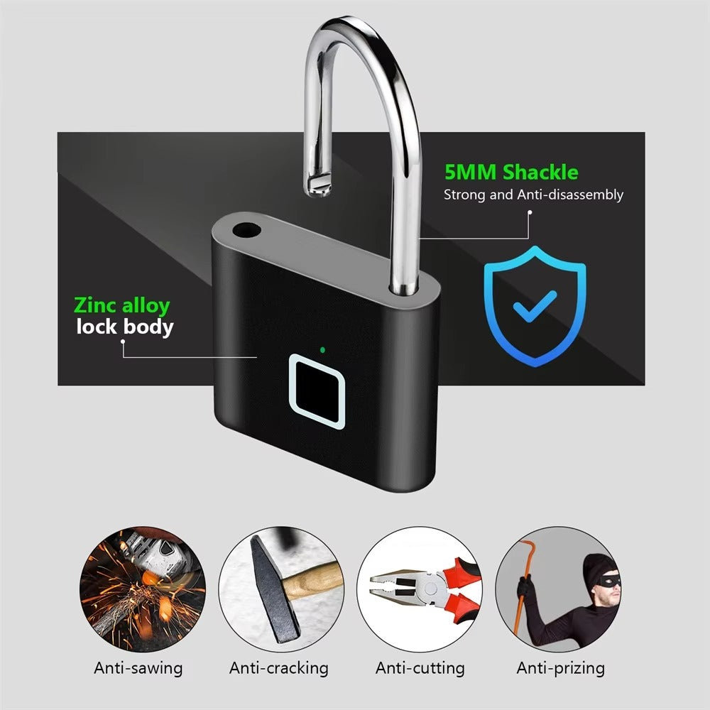 Smart Fingerprint Padlock with keyless access, USB charging port, waterproof design, and durable zinc alloy construction for secure outdoor use.