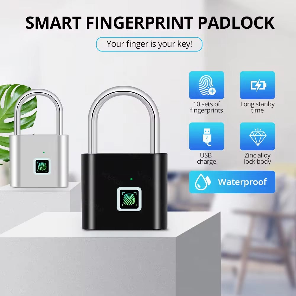 Smart Fingerprint Padlock with keyless access, USB charging port, waterproof design, and durable zinc alloy construction for secure outdoor use.