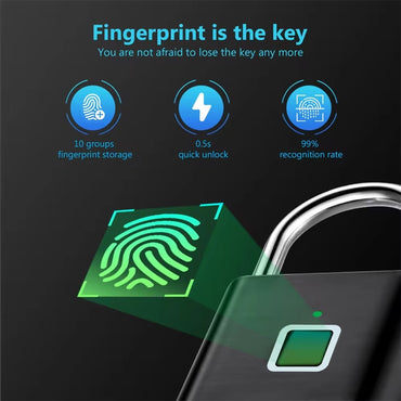 Smart Fingerprint Padlock with keyless access, USB charging port, waterproof design, and durable zinc alloy construction for secure outdoor use.