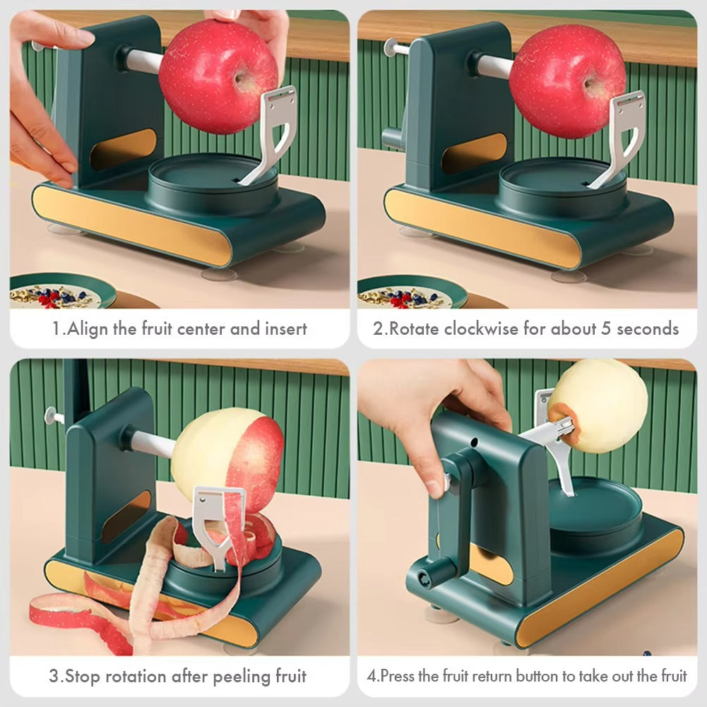 Manual fruit cutter and slicer with stainless steel blades, multifunctional hand-crank tool for easy fruit slicing and preparation