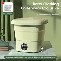 Compact folding washing machine with dryer, portable mini washer for socks, underwear, and small laundry loads.