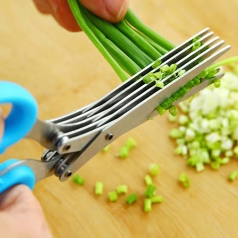 Multi-Layer Stainless Steel Kitchen Scissors with ergonomic handle, designed for efficient cutting of herbs, vegetables, and spices with sharp, durable blades