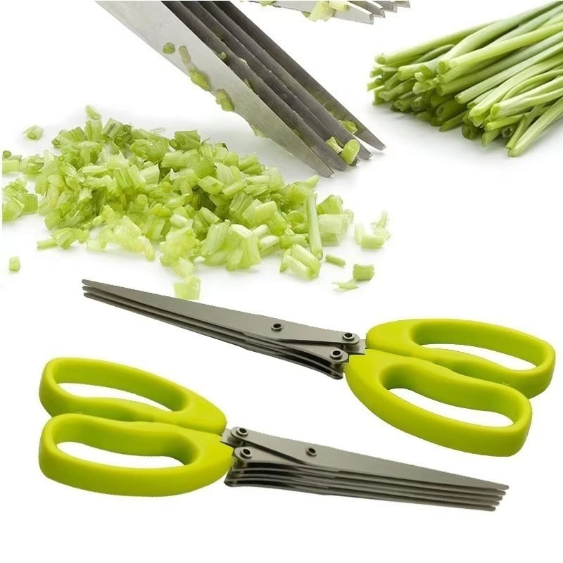 Multi-Layer Stainless Steel Kitchen Scissors with ergonomic handle, designed for efficient cutting of herbs, vegetables, and spices with sharp, durable blades