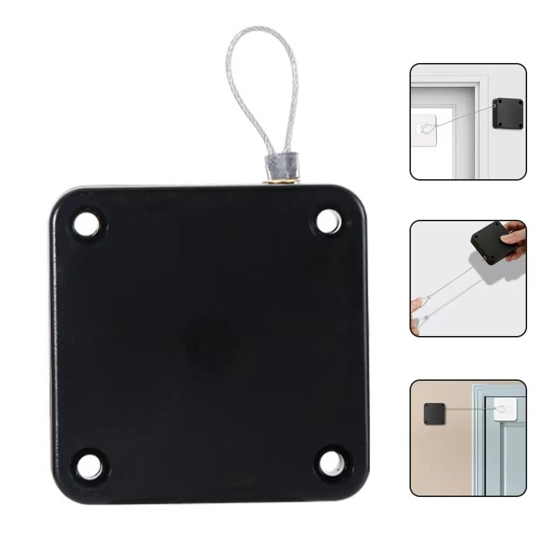 Adjustable, easy-to-install automatic door closer with pull cord mechanism, ensuring smooth door closure without the need for drilling, perfect for home or office use.