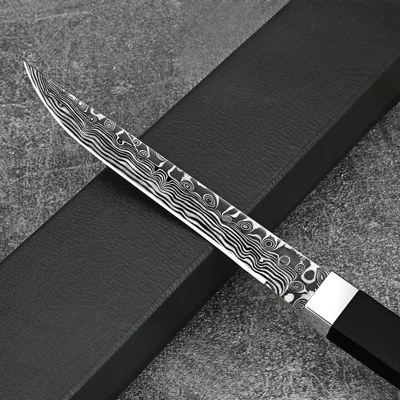 Portable Damascus Pattern Fruit Knife with a sharp high-hardness blade and ergonomic handle, featuring an elegant Damascus-inspired design for precise fruit peeling and slicing, ideal for home and on-the-go use.