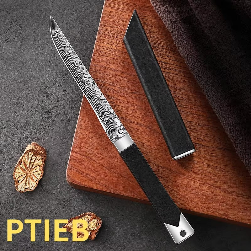 Portable Damascus Pattern Fruit Knife with a sharp high-hardness blade and ergonomic handle, featuring an elegant Damascus-inspired design for precise fruit peeling and slicing, ideal for home and on-the-go use.