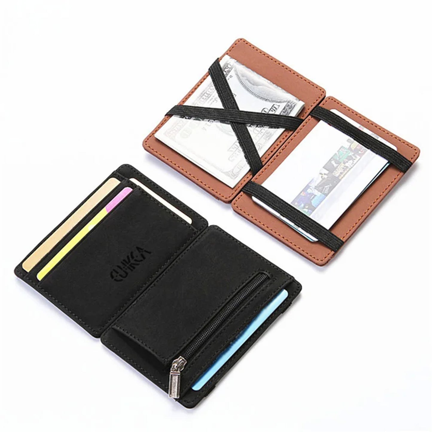 Ultra Thin PU Leather Mini Wallet for men with a sleek design, magic zipper, coin pouch, and card slots for a compact, practical solution.