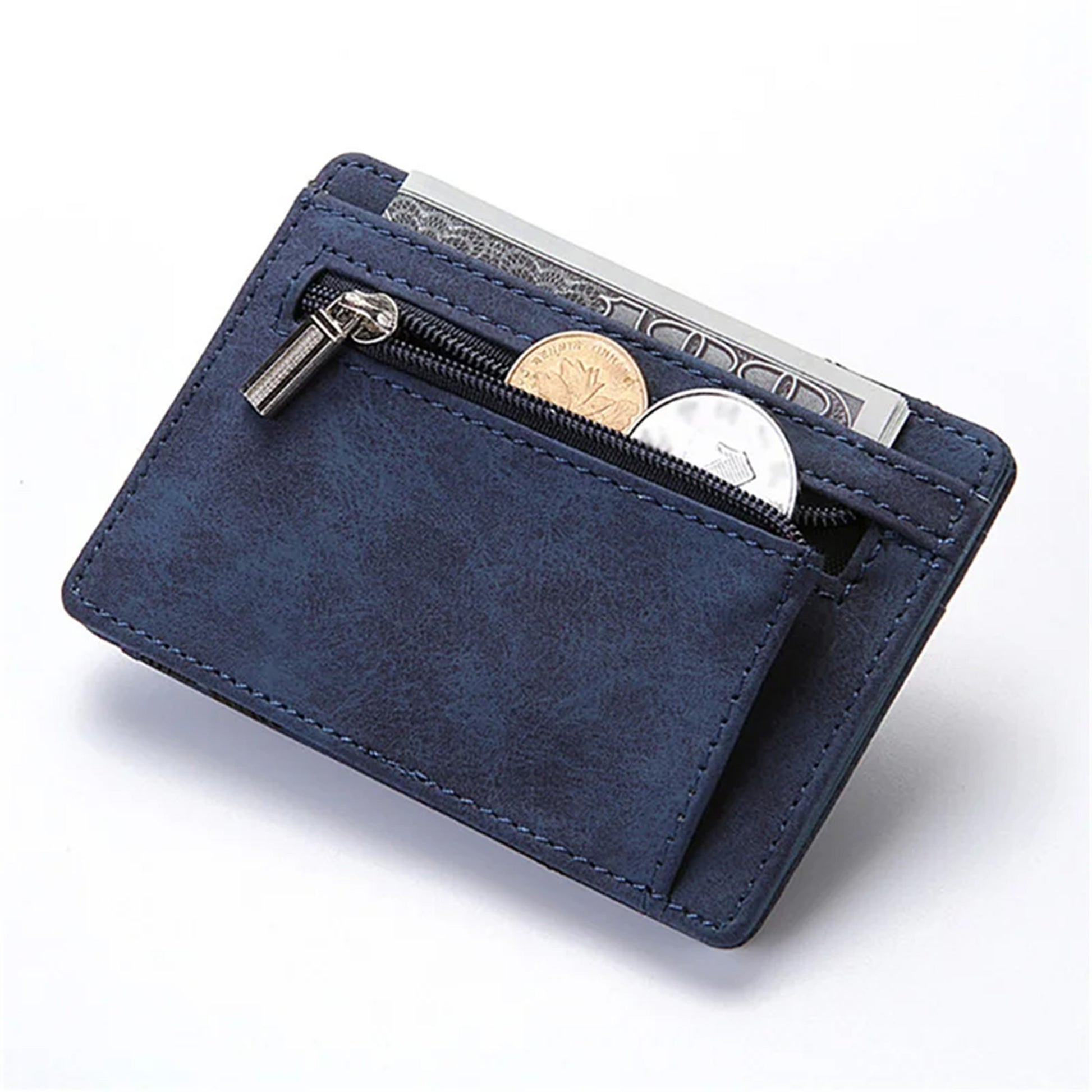 Ultra Thin PU Leather Mini Wallet for men with a sleek design, magic zipper, coin pouch, and card slots for a compact, practical solution.