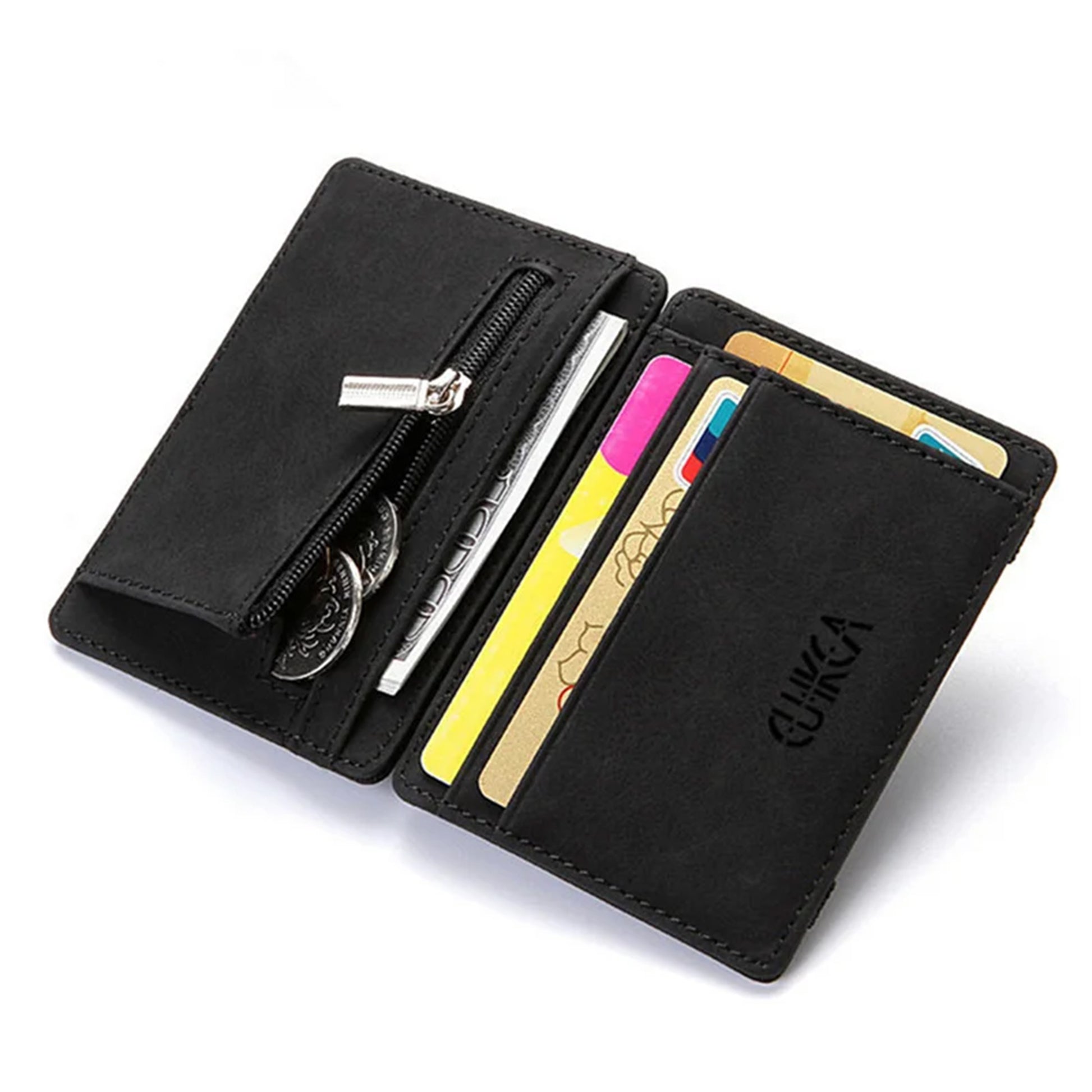 Ultra Thin PU Leather Mini Wallet for men with a sleek design, magic zipper, coin pouch, and card slots for a compact, practical solution.