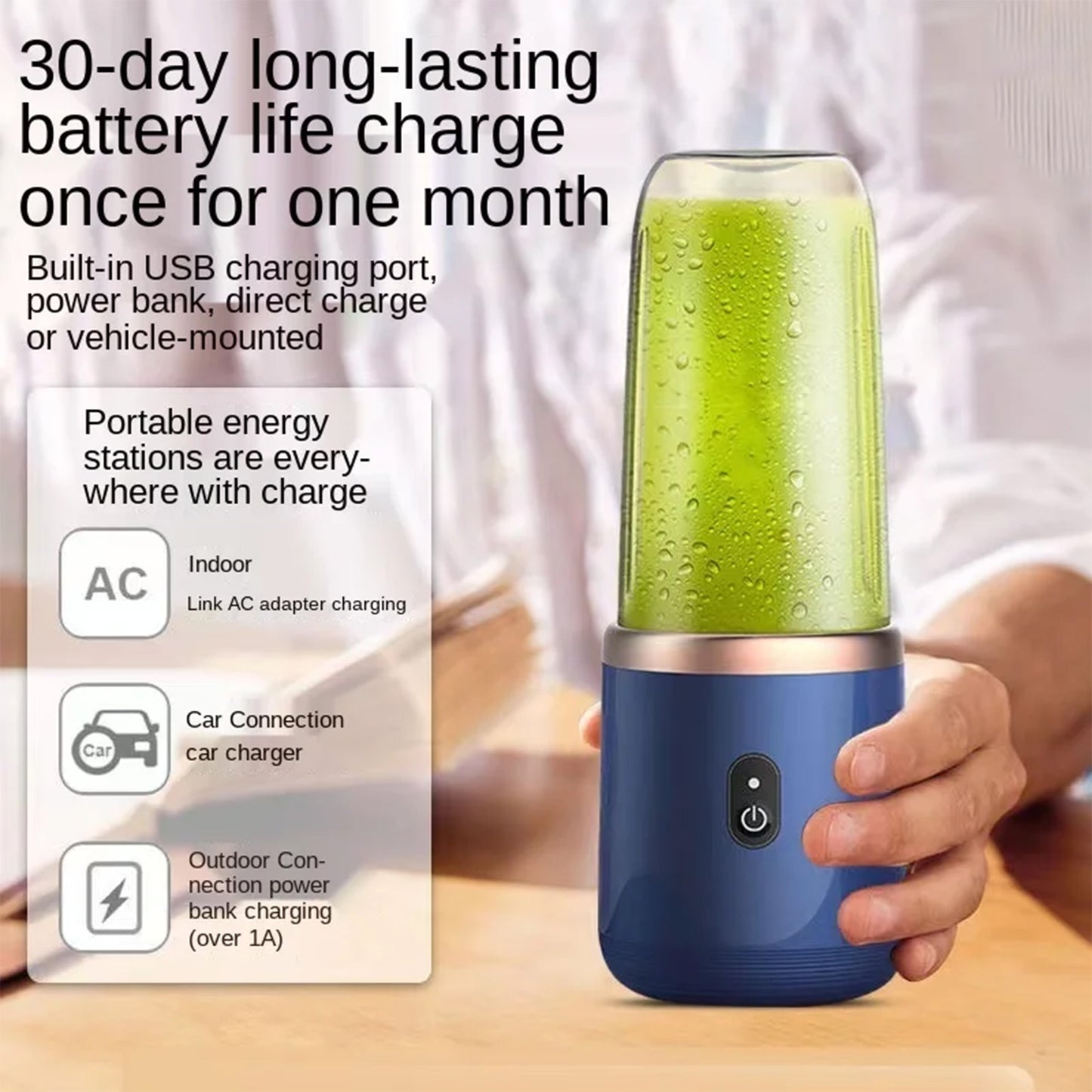 Portable Electric Mini Fruit Juice Blender with USB rechargeable design, featuring powerful 6-blade technology for smooth blending of fruits, vegetables, and ice. Compact and ideal for travel or home use, this personal juicer makes fresh smoothies and juices on the go.