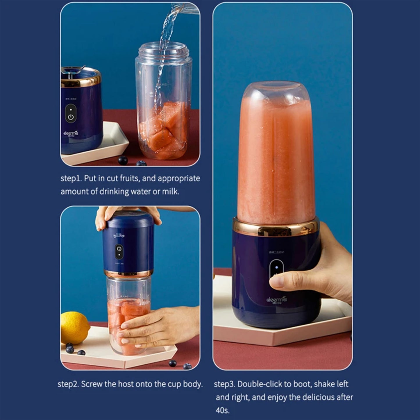 Portable Electric Mini Fruit Juice Blender with USB rechargeable design, featuring powerful 6-blade technology for smooth blending of fruits, vegetables, and ice. Compact and ideal for travel or home use, this personal juicer makes fresh smoothies and juices on the go.