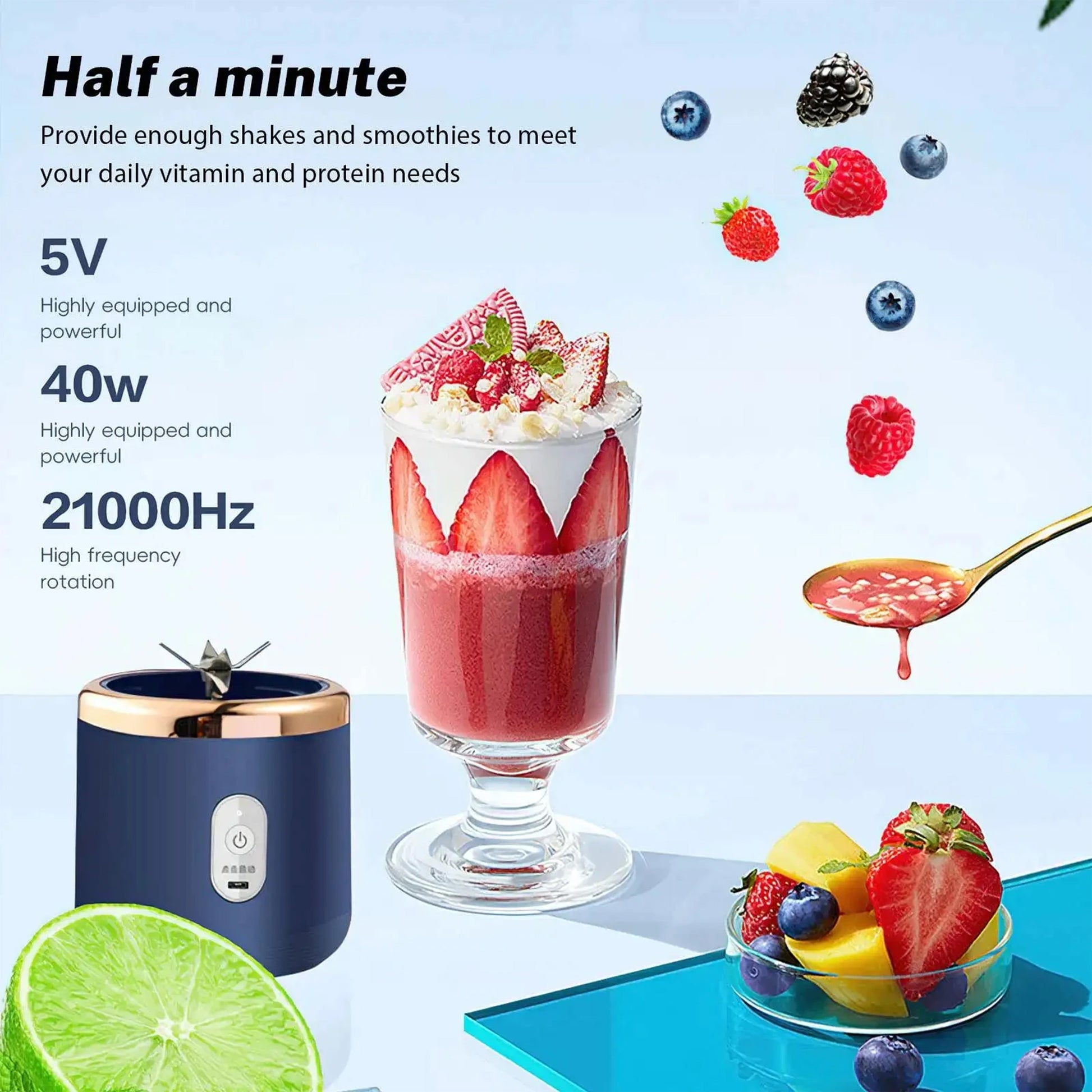 Portable Electric Mini Fruit Juice Blender with USB rechargeable design, featuring powerful 6-blade technology for smooth blending of fruits, vegetables, and ice. Compact and ideal for travel or home use, this personal juicer makes fresh smoothies and juices on the go.