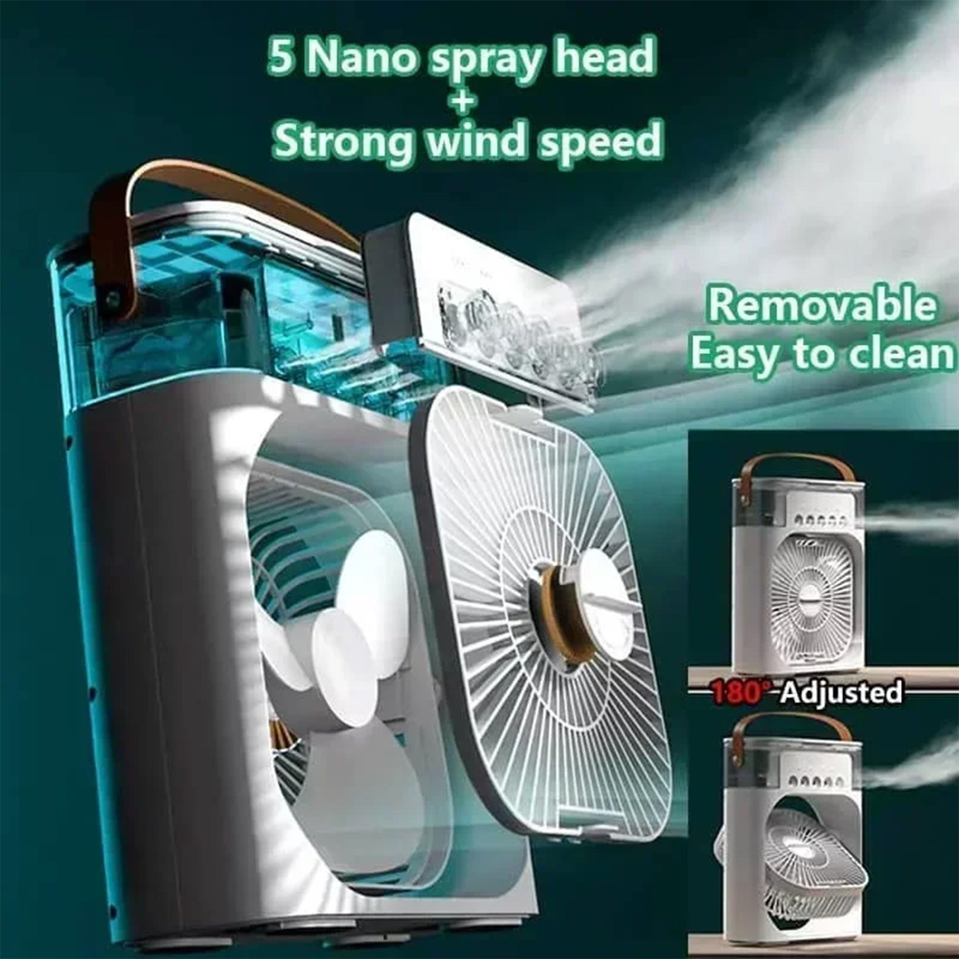 Portable Hydrocooling Humidifier Fan: Compact and efficient, this fan cools with water mist, offering three speeds and improving air quality. Perfect for home or office, it’s eco-friendly and energy-saving.