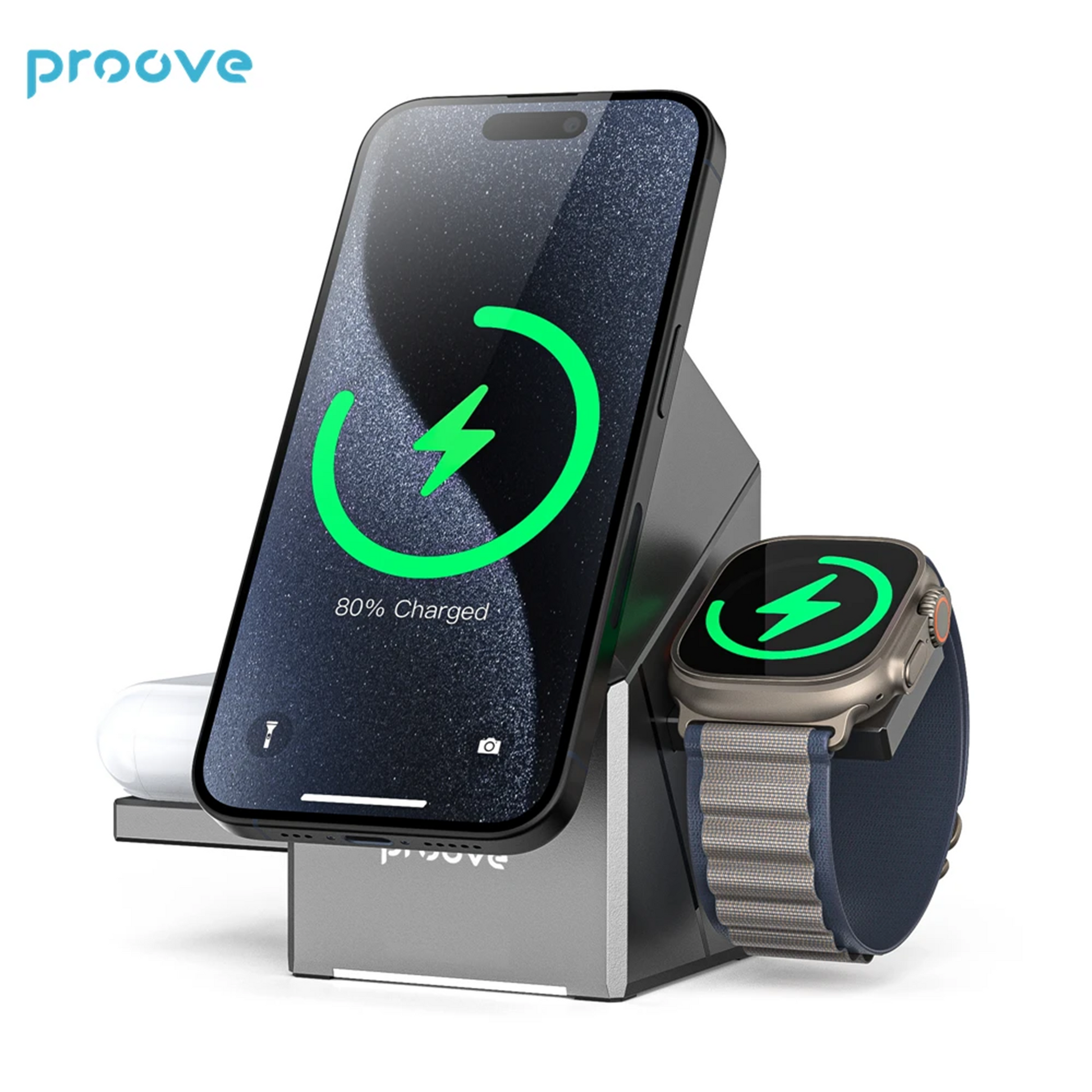 Proove Iron Hide QI2 3-in-1 Wireless Charger: A sleek, 15W fast charger that powers your phone, watch, and earphones simultaneously with auto-rotation for optimal alignment