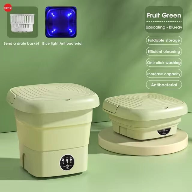 Compact folding washing machine with dryer, portable mini washer for socks, underwear, and small laundry loads.