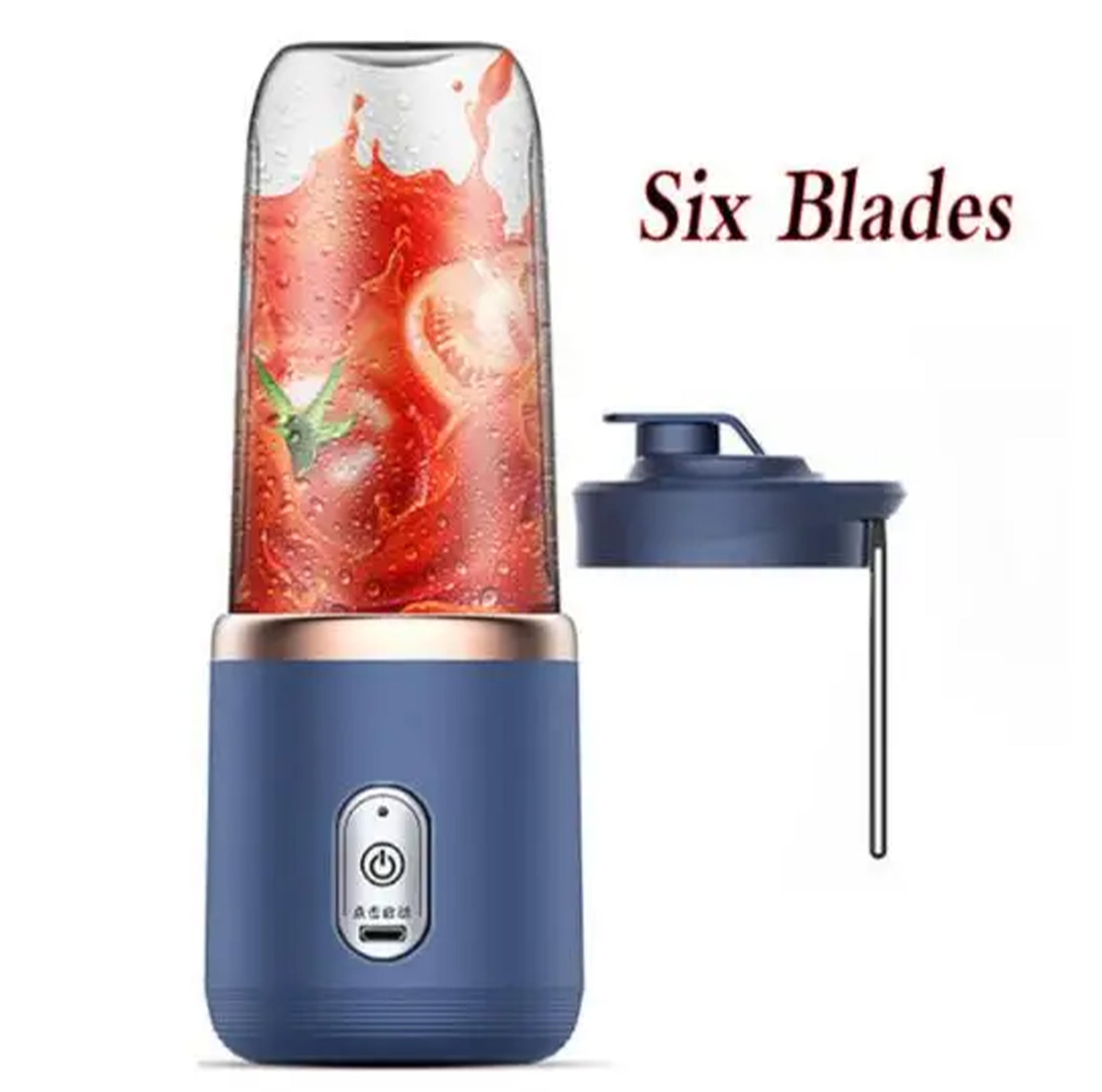 Portable Electric Mini Fruit Juice Blender with USB rechargeable design, featuring powerful 6-blade technology for smooth blending of fruits, vegetables, and ice. Compact and ideal for travel or home use, this personal juicer makes fresh smoothies and juices on the go.