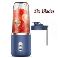 Portable Electric Mini Fruit Juice Blender with USB rechargeable design, featuring powerful 6-blade technology for smooth blending of fruits, vegetables, and ice. Compact and ideal for travel or home use, this personal juicer makes fresh smoothies and juices on the go.