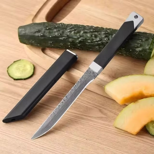 Portable Damascus Pattern Fruit Knife with a sharp high-hardness blade and ergonomic handle, featuring an elegant Damascus-inspired design for precise fruit peeling and slicing, ideal for home and on-the-go use.