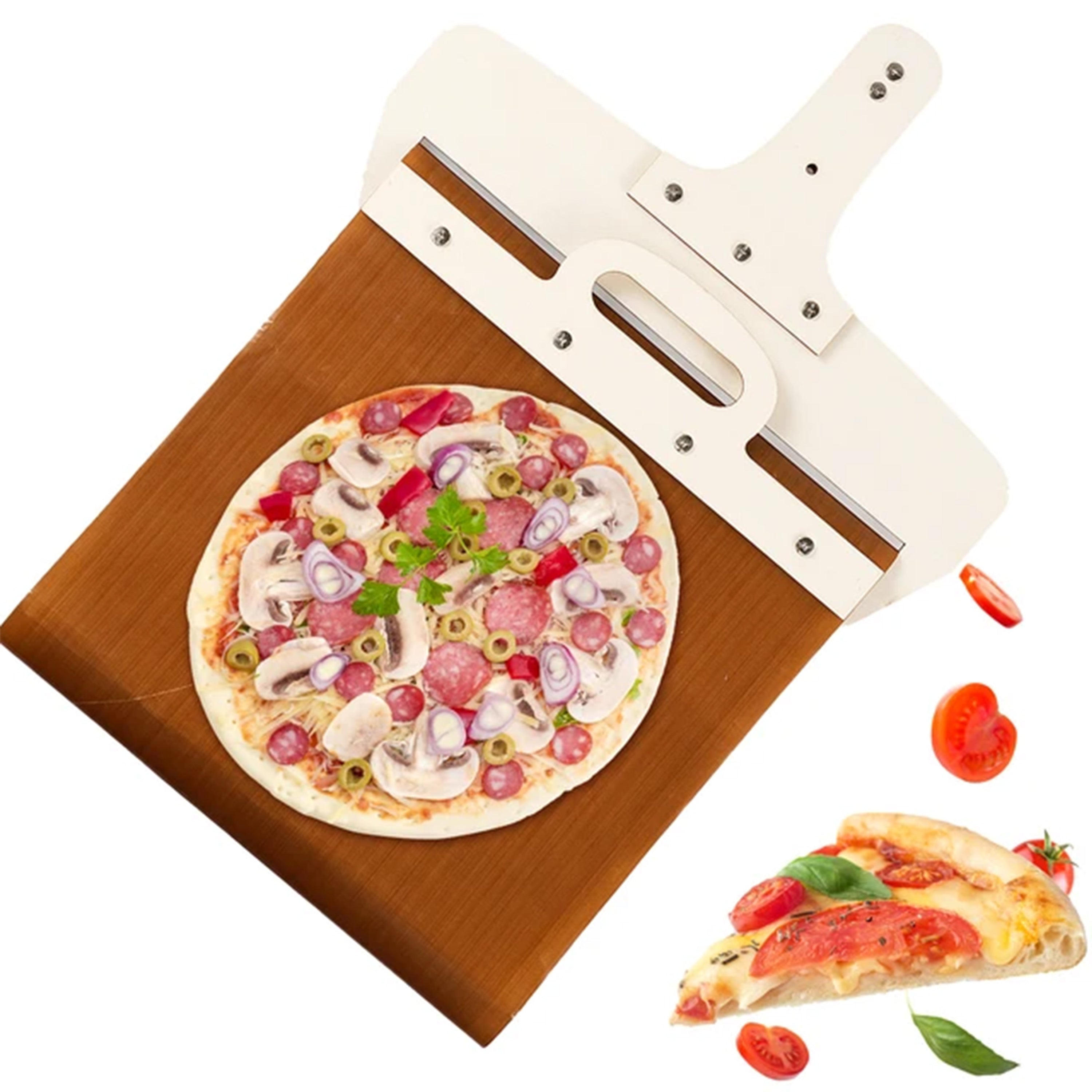 Non-stick pizza peel with a detachable wood handle, providing a smooth surface for easy pizza handling and cleaning, ideal for home or commercial use